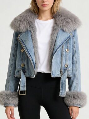 Women’s Faux Fur Lined Denim Moto Jacket Belted Gray Fur Size S